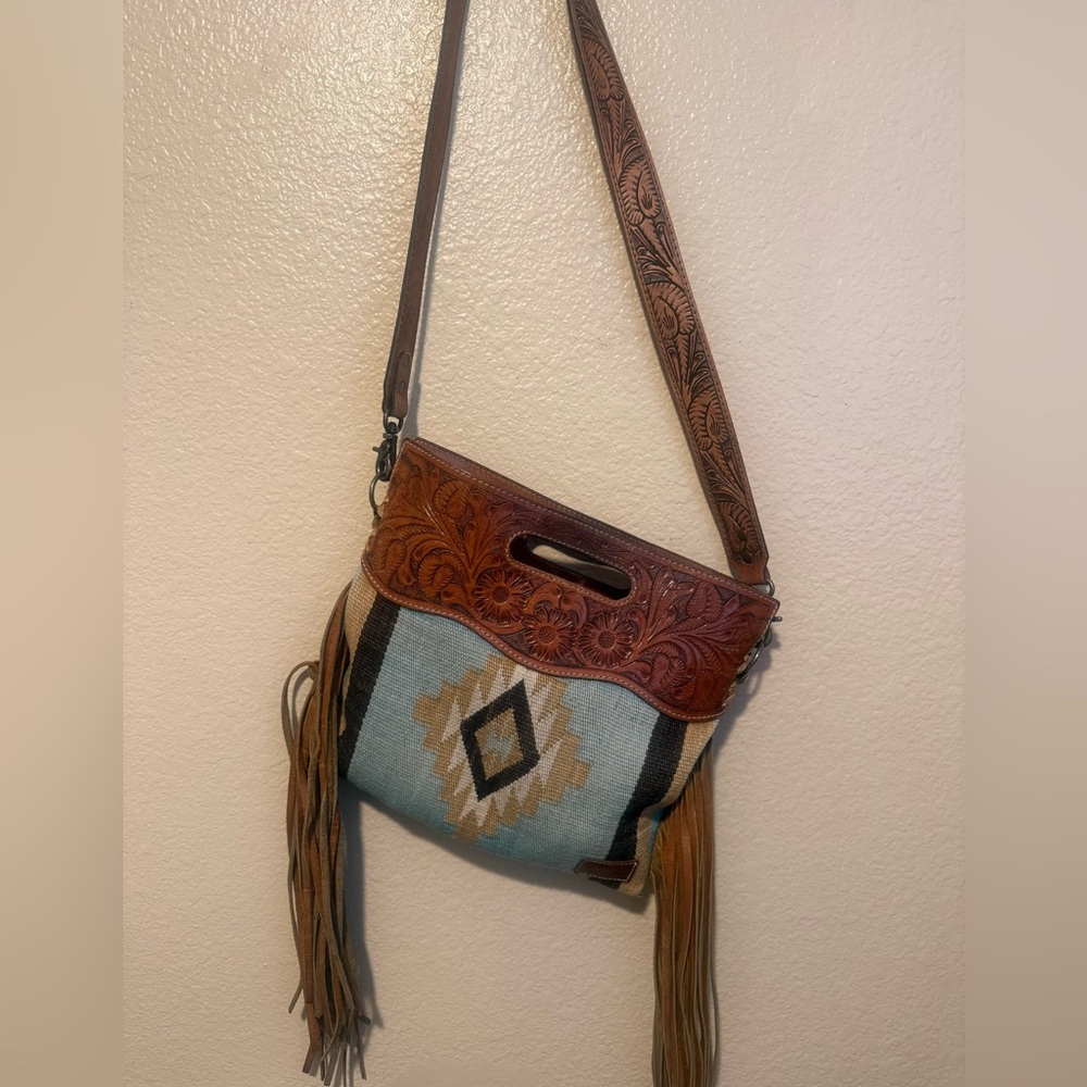 Fringed American Darling Southwestern Crossbody Bag with Tooled Leather Trim
